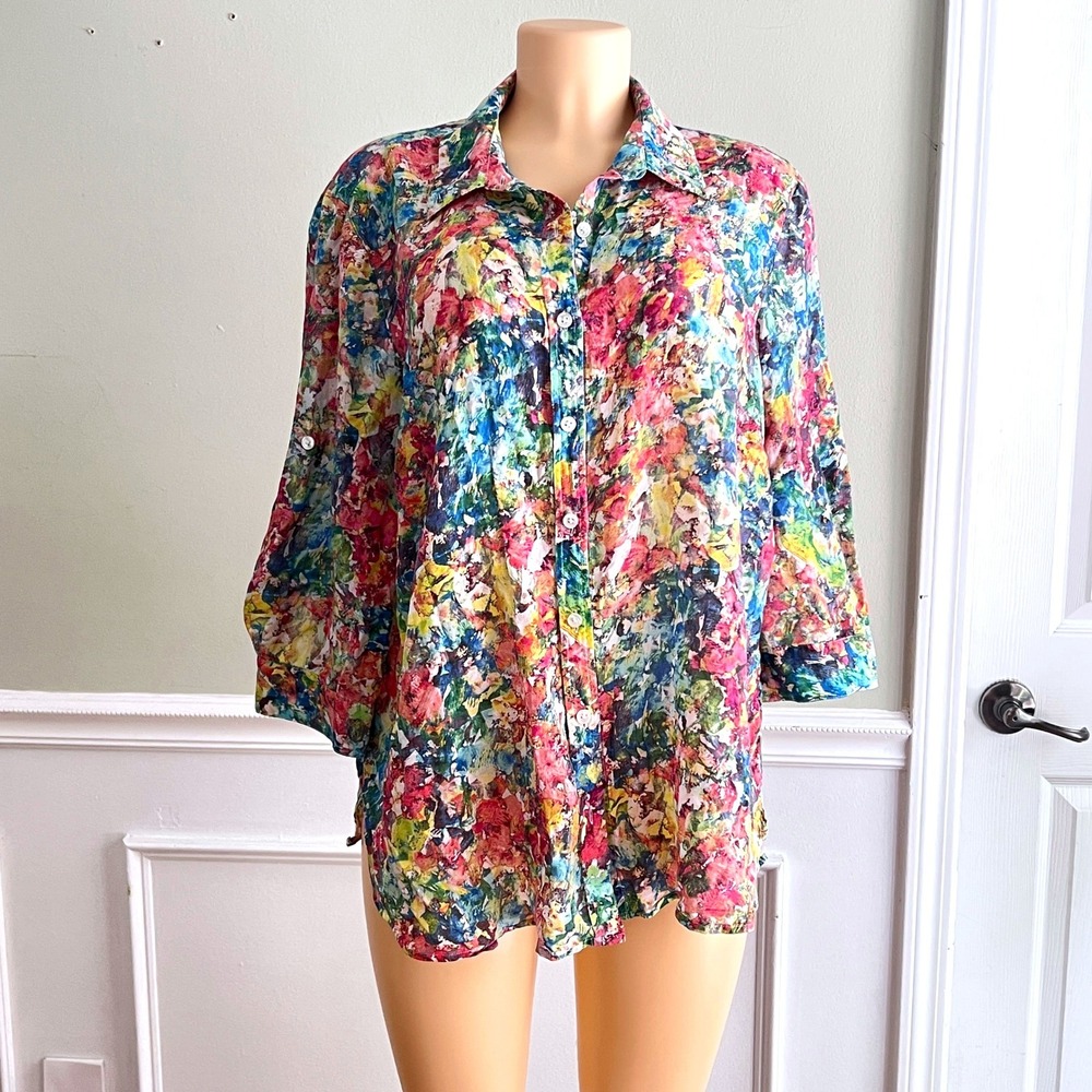 Coldwater Creek Button Up Blouse Womens 1X Cotton Silk Abstract Multicolor Artsy